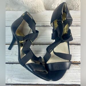 CLEANED 8M MICHAEL KORS‎ Wendy Black Leather Heels Crisscross Strappy Sandals